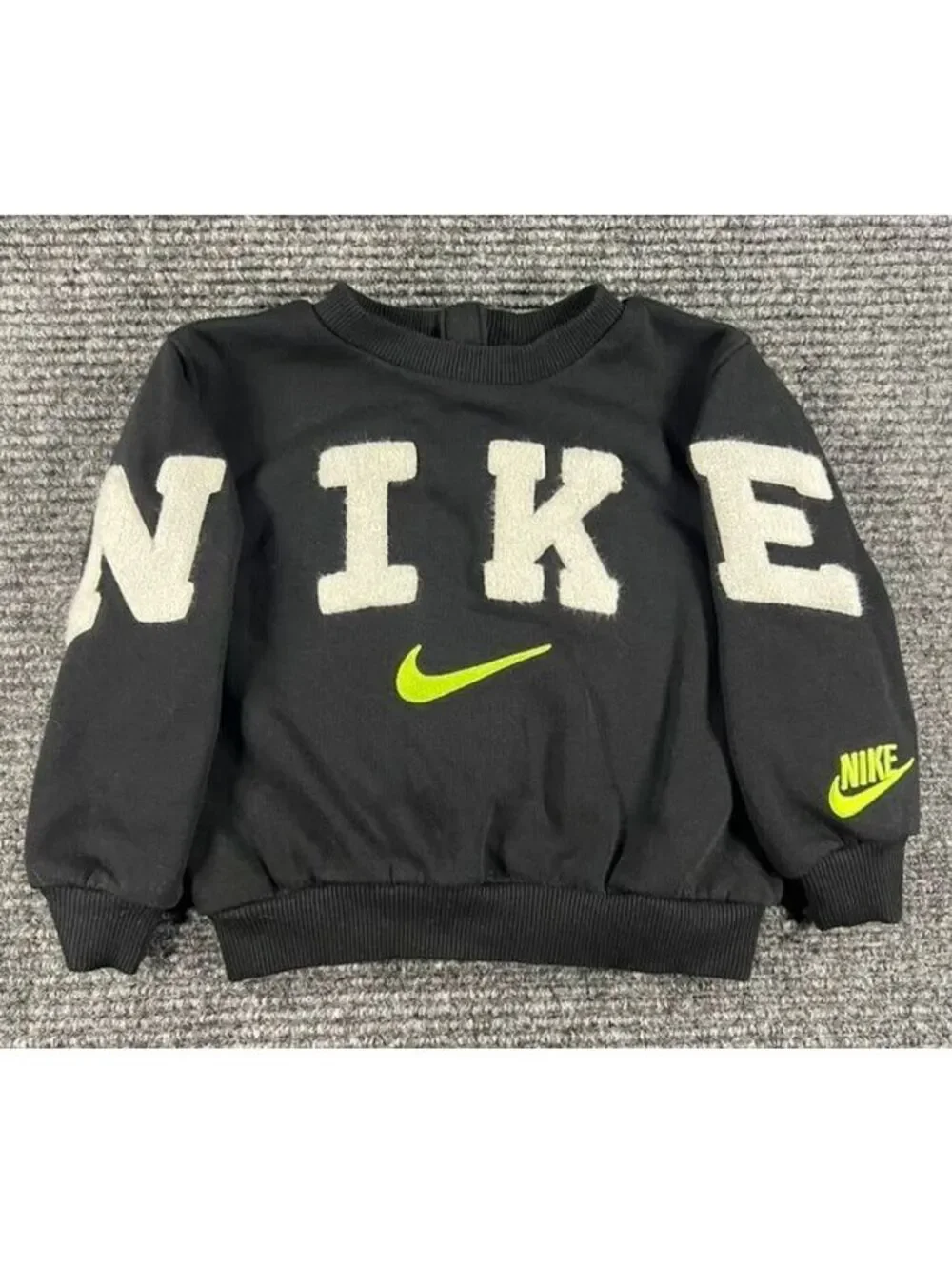 Nike Toddler Black Sweatshirt with White Lettering and Neon Green Logo Size 18M